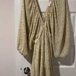 MARBLE Gold Plunge Bishop Sleeve Sundress